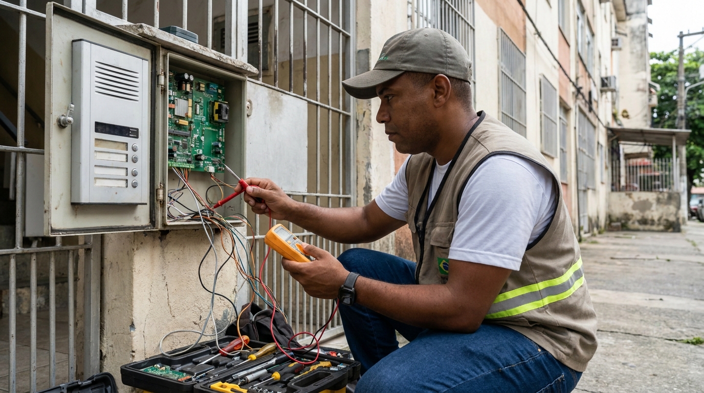 Eletricista consertando interfone em Diadema‑SP