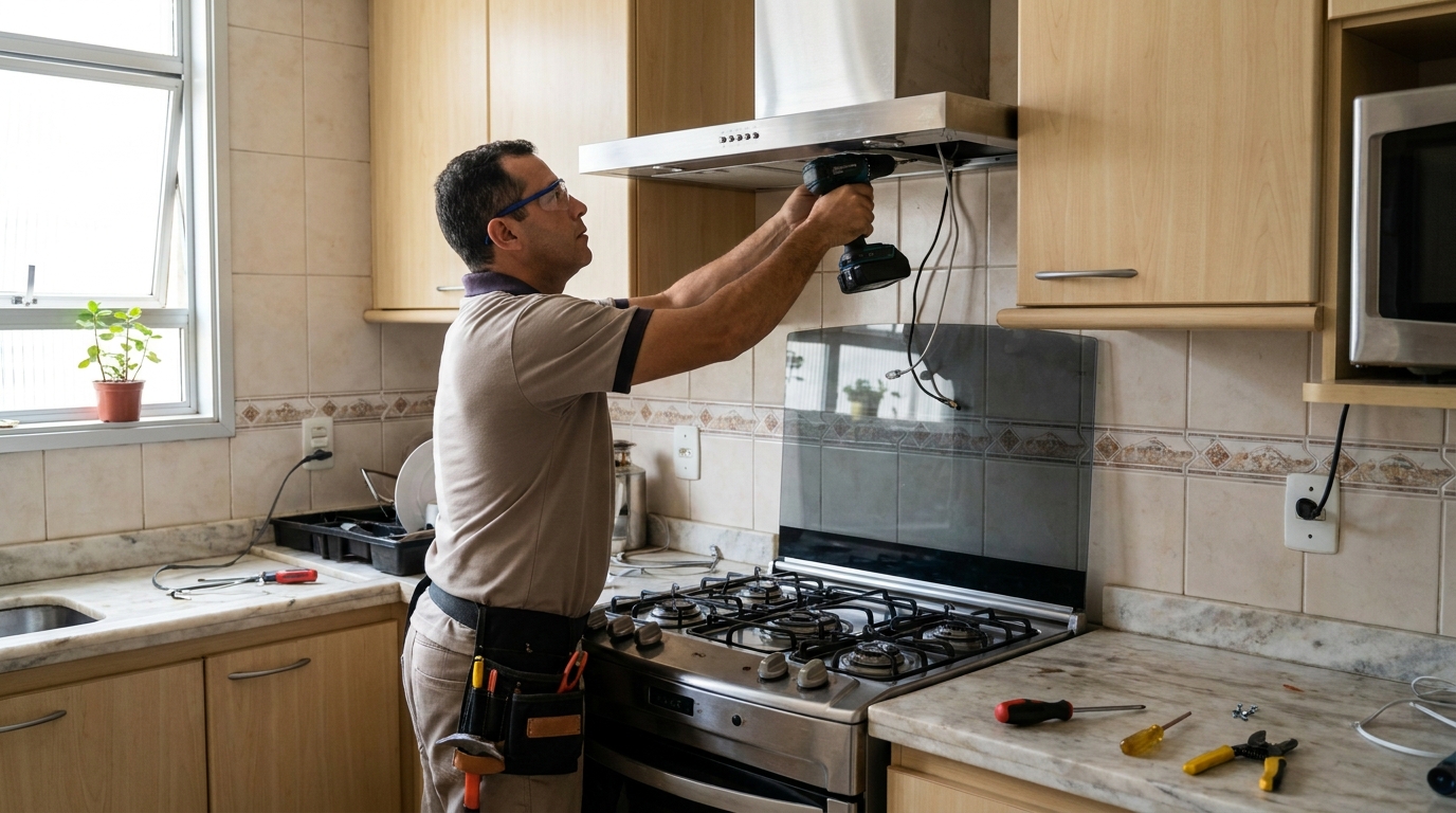 Eletricista instalando coifa em Diadema‑SP