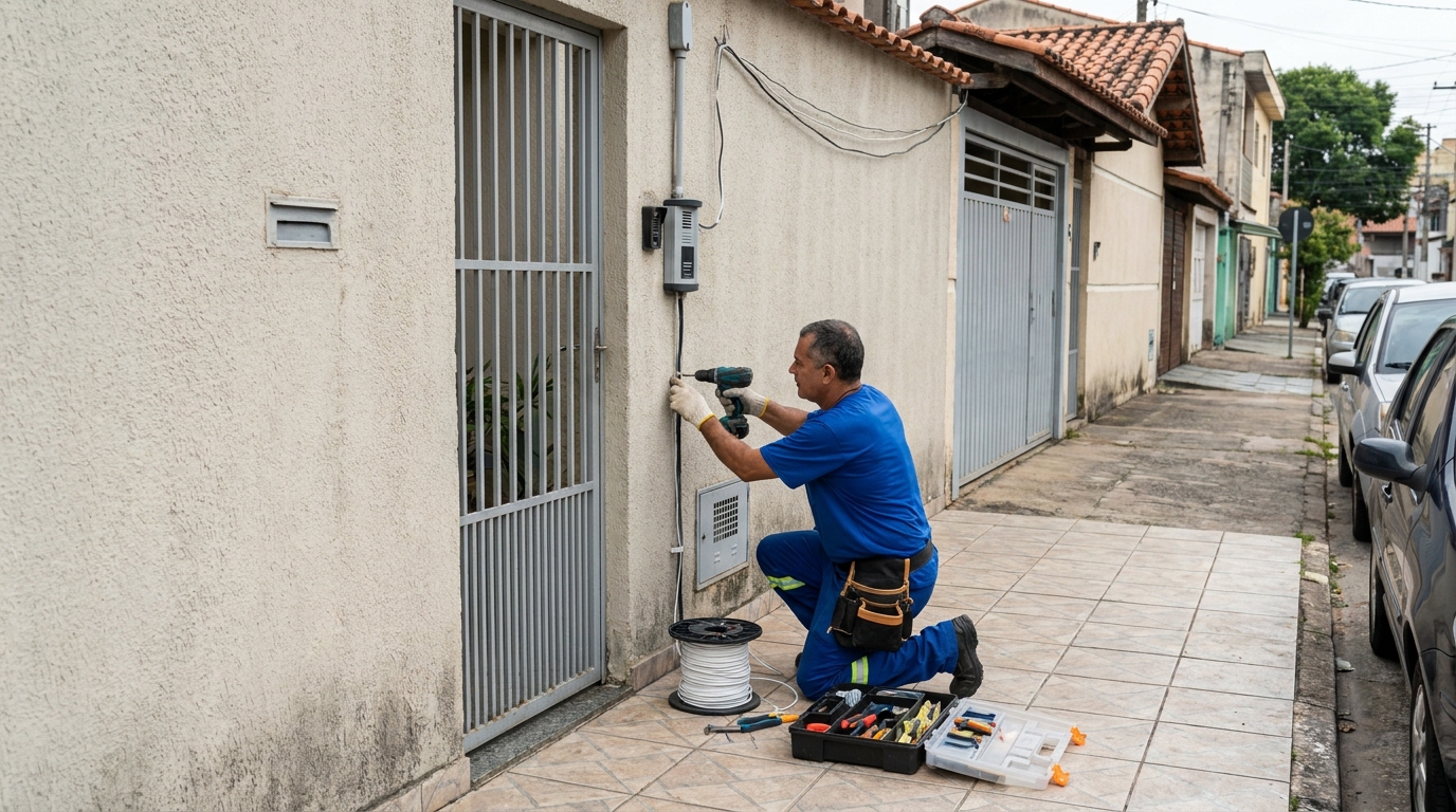 Eletricista instalando interfone em Diadema‑SP