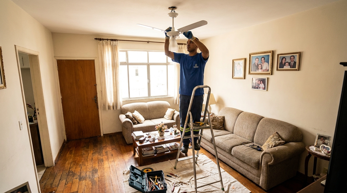 Eletricista instalando ventilador de teto em Diadema‑SP